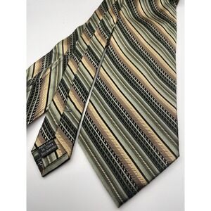 Pronto Uomo Mens 100% Silk Striped Necktie Olive Green Tan Black Handmade